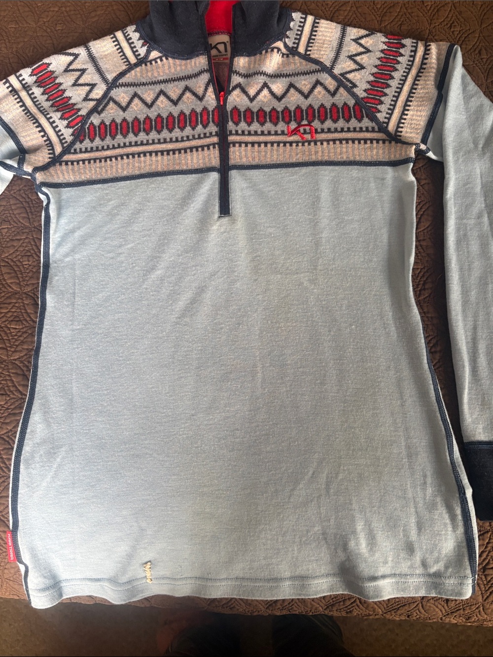 Kari Traa Light Blue Nordic Half-Zip Sweater with Red Accents